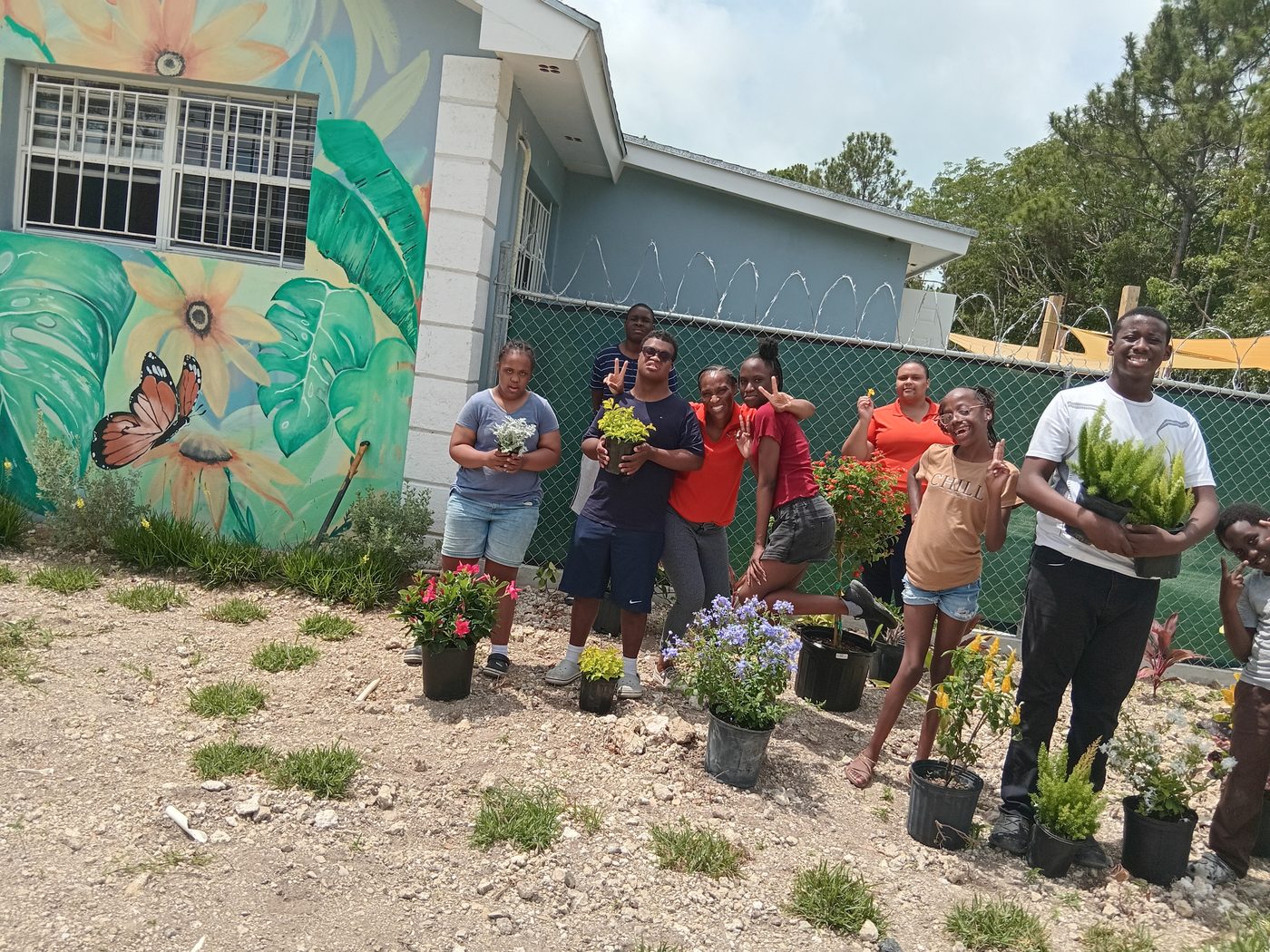 Students working in the school garden